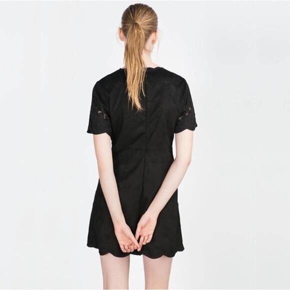 2/$30 ZARA Embroidered Faux Suede Tunic Dress M Black Scalloped Meshed #5213 - Picture 8 of 15